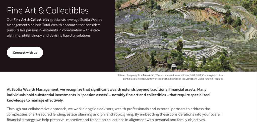 Photo of Scotia Wealth Management's Art & Collectibles Advisory webpage